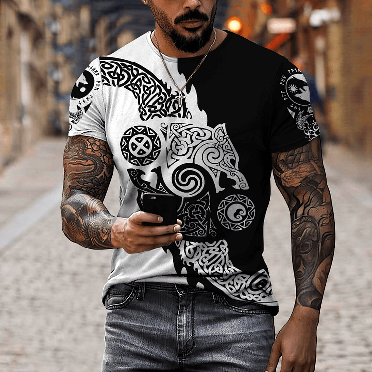 Viking Symbol Raven Tattoo Pattern Summer Short Sleeve Men's T-Shirts