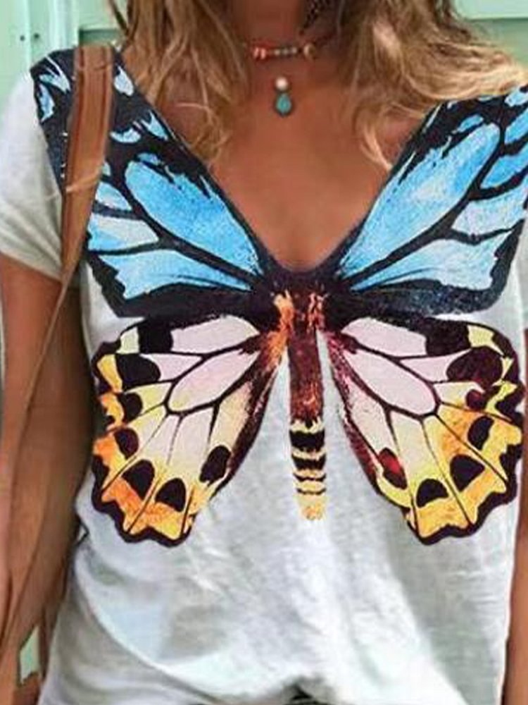 Butterfly Casual V-Neck Plus Size T-Shirt