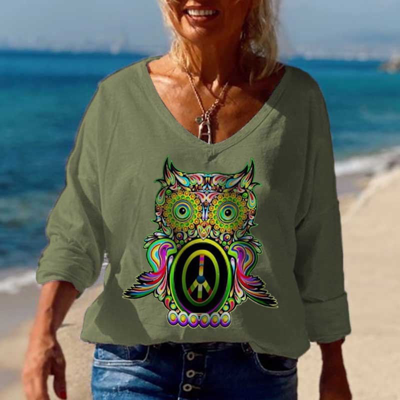Owl hippie print V-neck Long Sleeve T-shirt