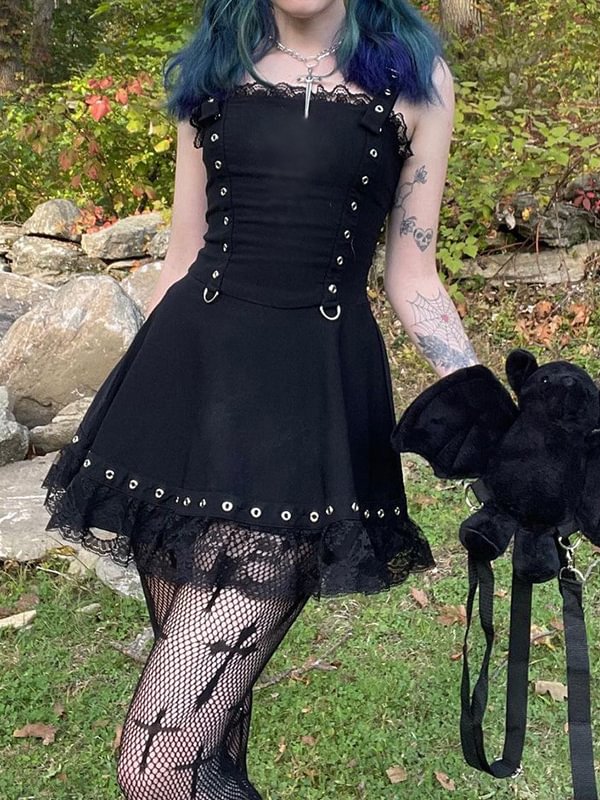 Dark Goth Lace Paneled Ruffled Straps Decorated Tight Waist Skater Dress
