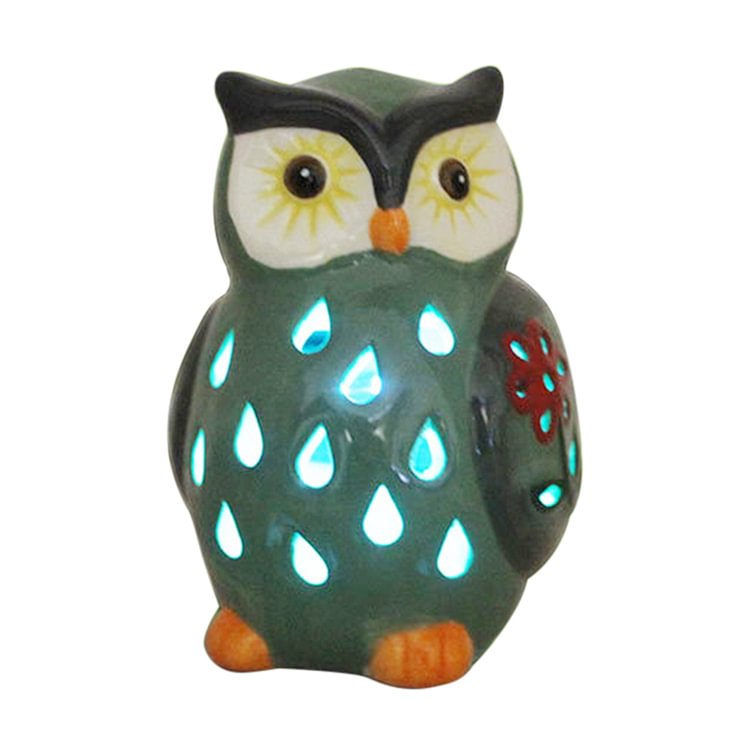 LED Solar Light Simulation Ceramic Owl Lawn Lamp Yard Art Home Garden Decor