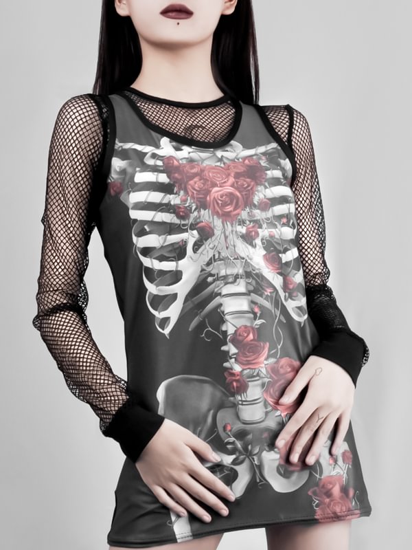 3D Skeleton Rose Printed Ladies Hollow Vest