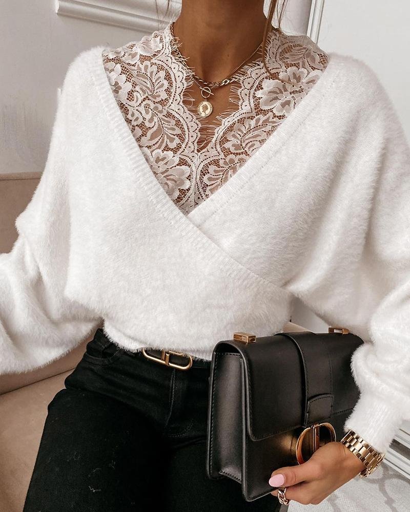 Stitching Lace Solid Color Long Sleeve Top P15487