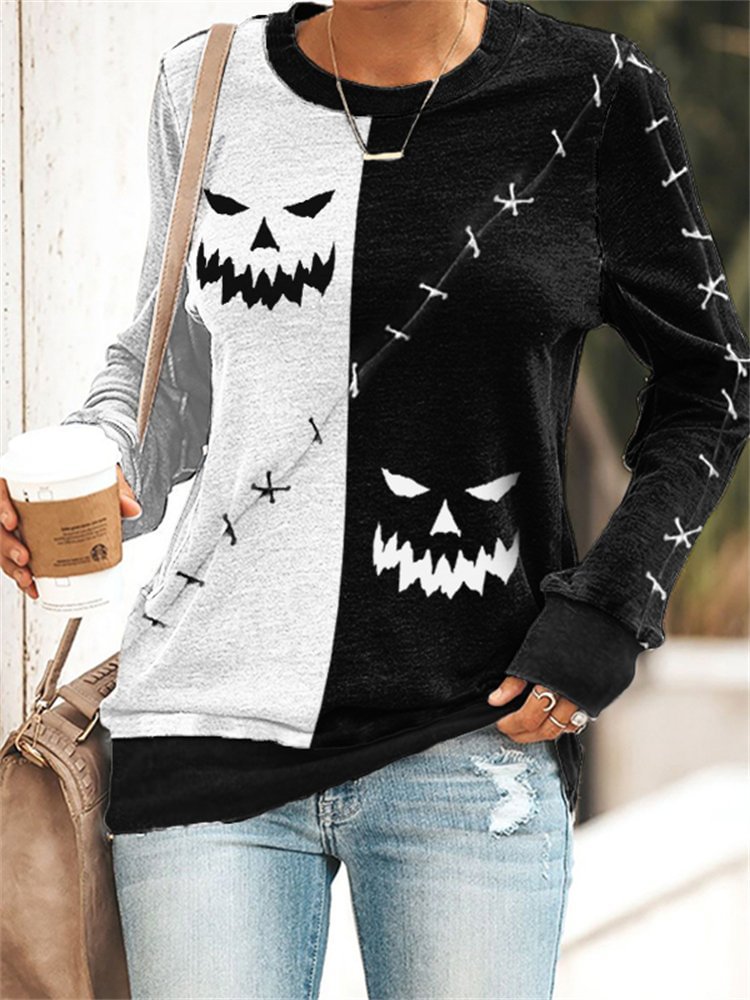 Halloween Pumpkin Face Contrast Color Sweatshirt