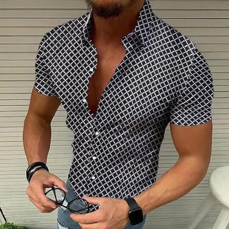 Summer Trend Plaid Casual Short-Sleeved Lapel Men's Shirts-VESSFUL