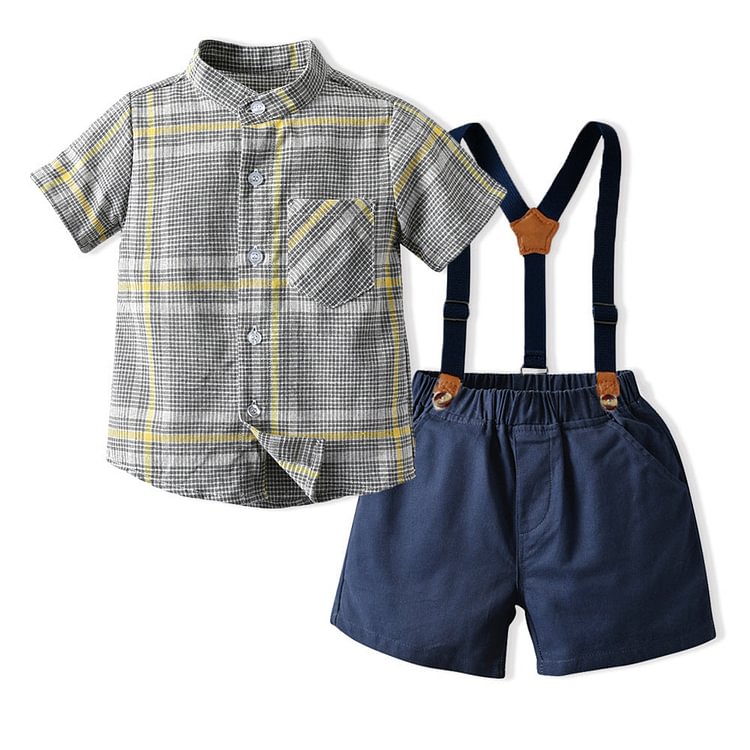Mayoulove Kid Baby Boy Gentleman Check Suit Short Sleeve 2 Pcs Sets-Mayoulove