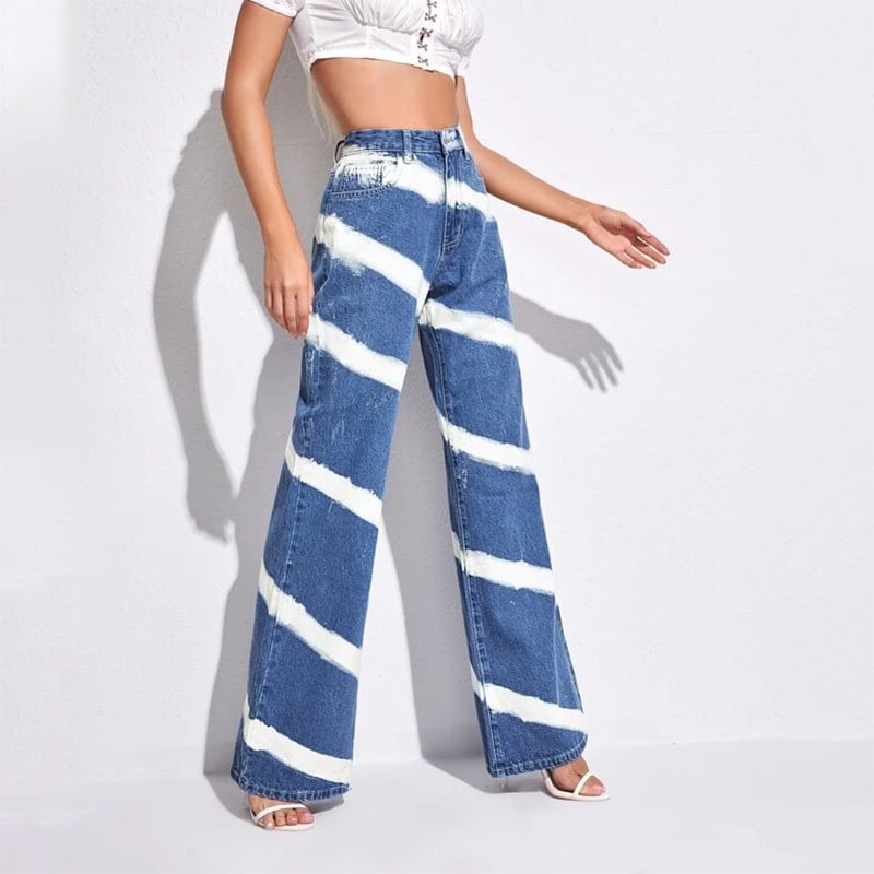Minnieskull White Striped Women's High-rise Straight-leg Casual Jeans - Minnieskull