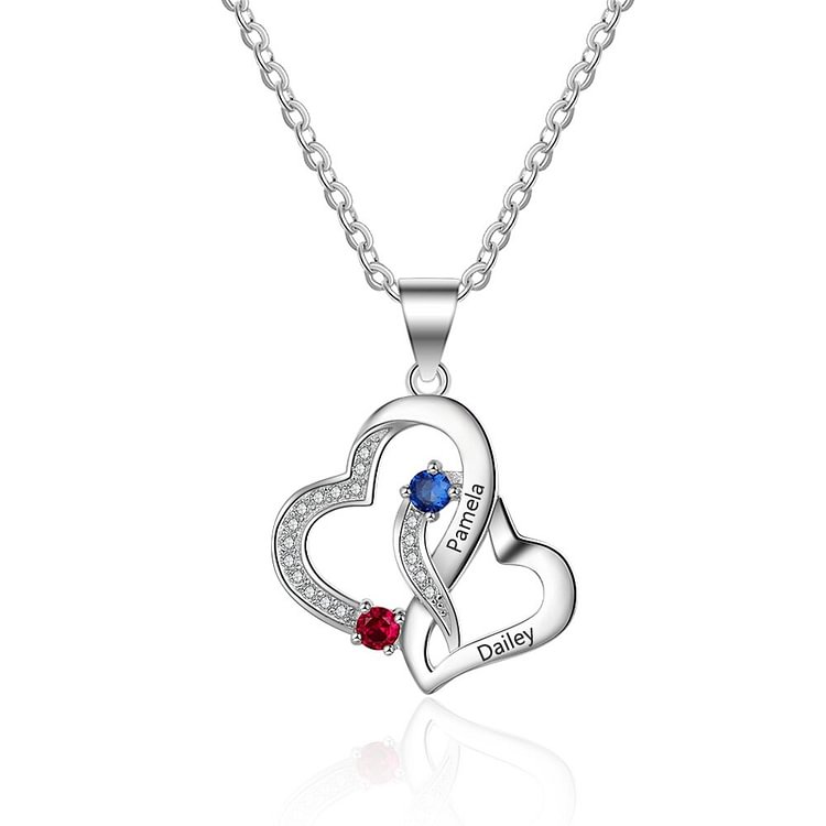 Personalized Heart Shaped Necklace With 2 Name And 2 birthstone
