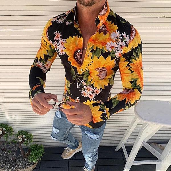 Men's Casual Turndown Collar Long-Sleeved Flower Printed Shirt-Corachic