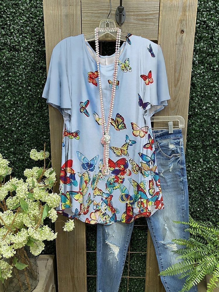 Comfortable Butterfly Print Short Sleeves-Mayoulove
