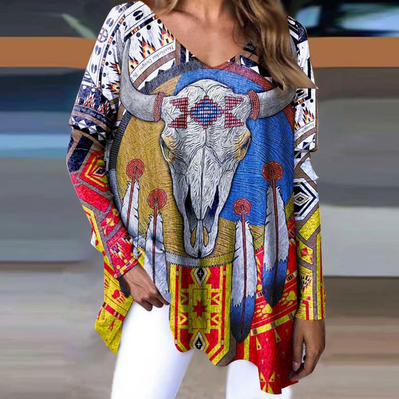 Sheep Head Skull Ethnic Tribal Printed Women Ethnic Style T-shirt