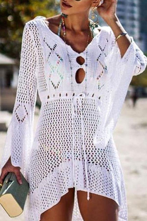 Women Hollow Hole Knitted Sweater Beach Skirt Smock-Allyzone-Allyzone