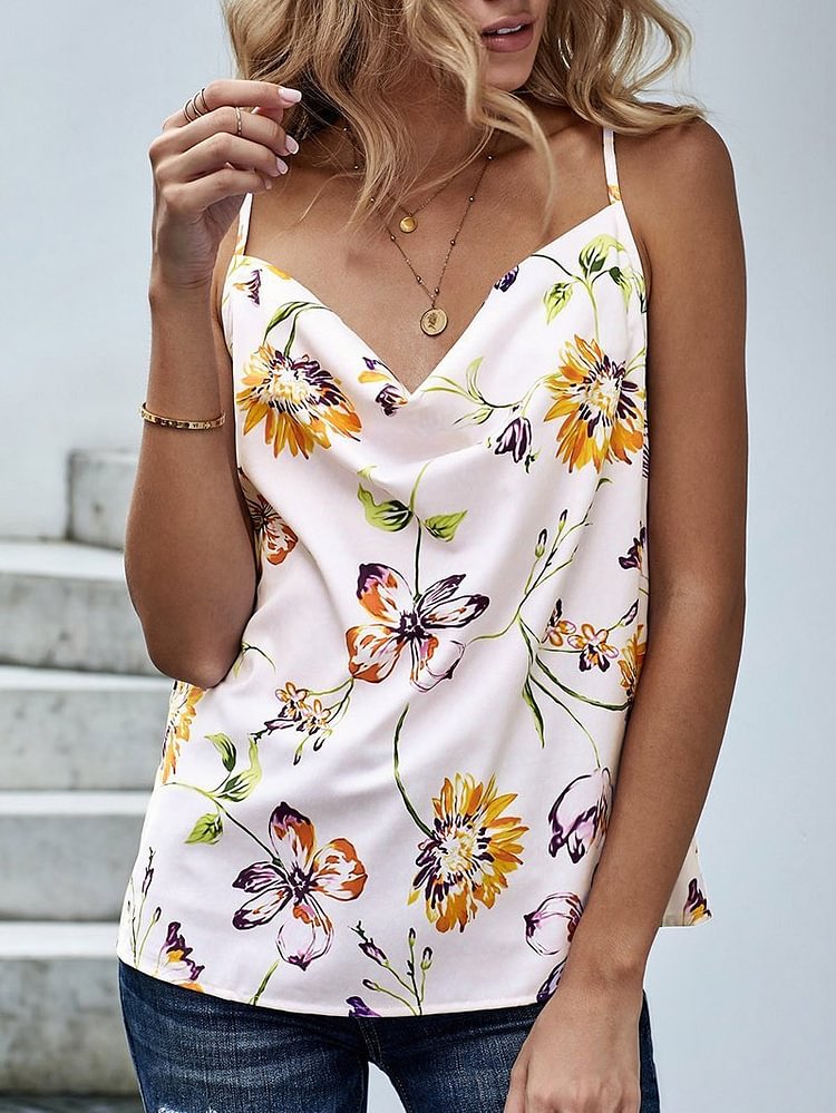 Floral Print Cowl Neck Tank Top-Mayoulove