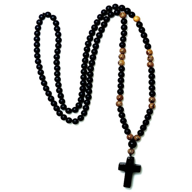 6MM Black Stone with Wood Beads Cross Pendant Mens Rosary Necklace