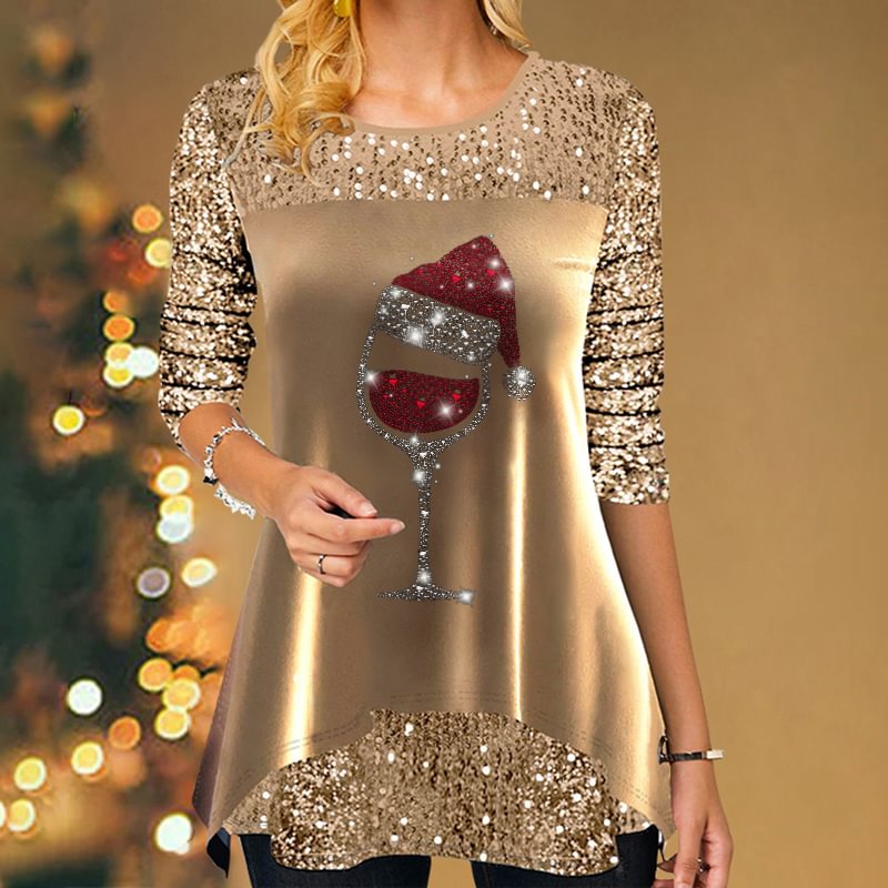 Red Wine Glass With Christmas Hat Shiny Printed Women's Velvet Long-sleeved T-shirt