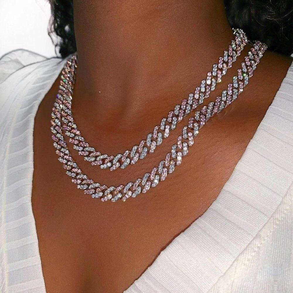 9MM Silver Pink Iced Out Cuban Link Chain Women Necklace-VESSFUL