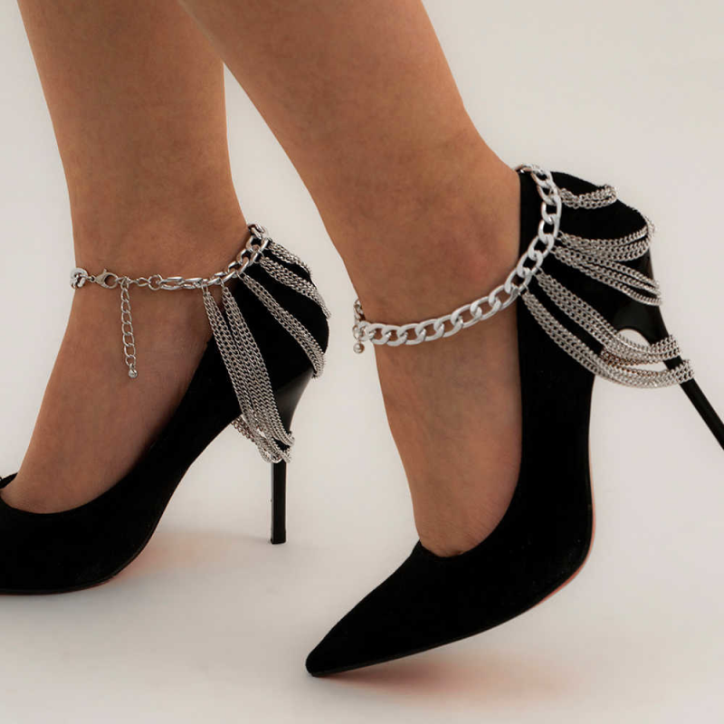 Multilayer Cuban Link Chain Tassel Anklets for Women-VESSFUL