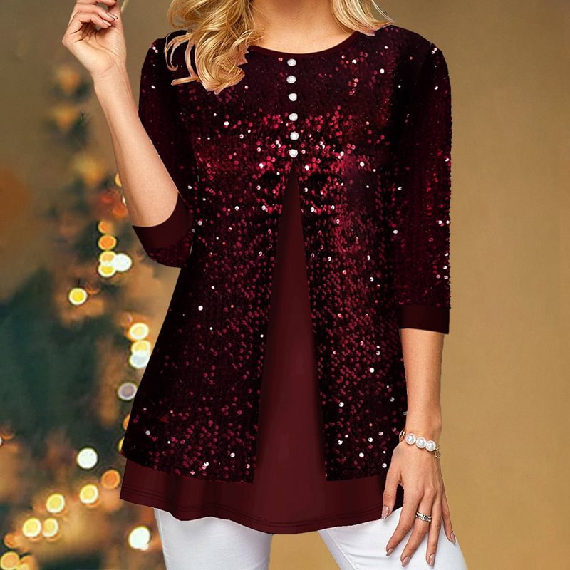 Fashion Buttons Glittering Sequins Casual Long Sleeves Tunic Tops