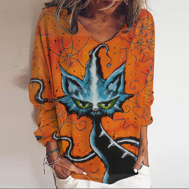 Women's Halloween Day Abstract Cat Design Blouse