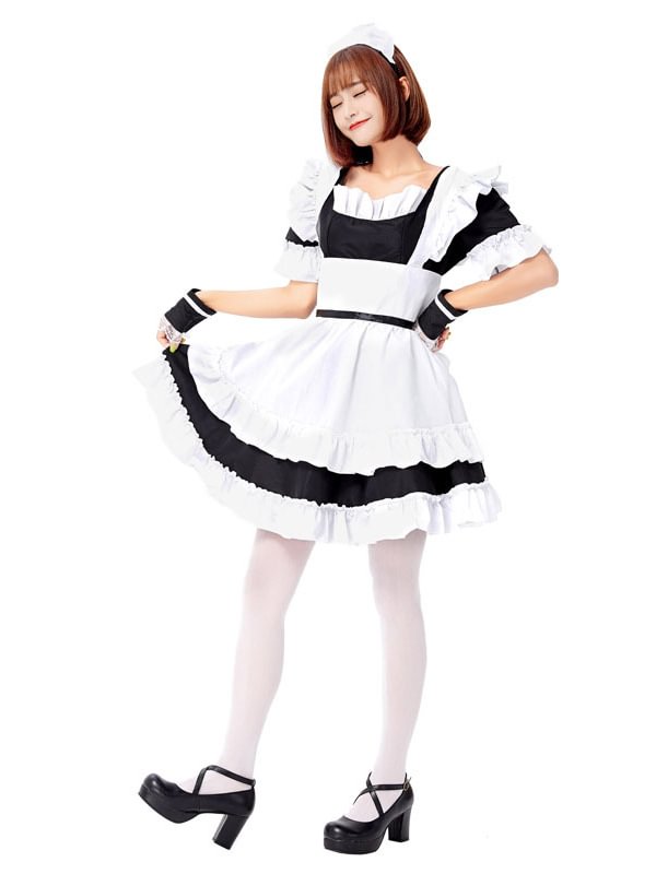 Halloween Maid Outfit Cosplay Dress Color-block Paneled Dress with Ruffled Piping