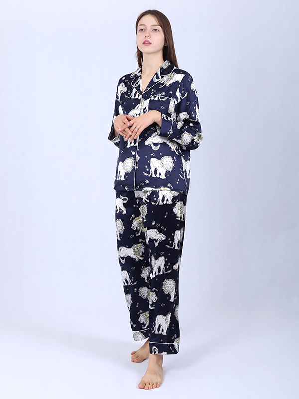 High Quality Lion Printed Vintage Silk Pajama Set Blue