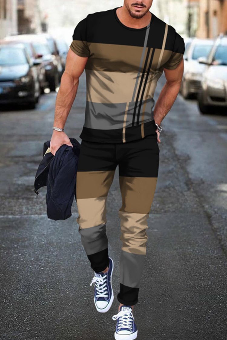 Tiboyz Men's Outfits Patchwork Casual Short Sleeve T-Shirt Set
