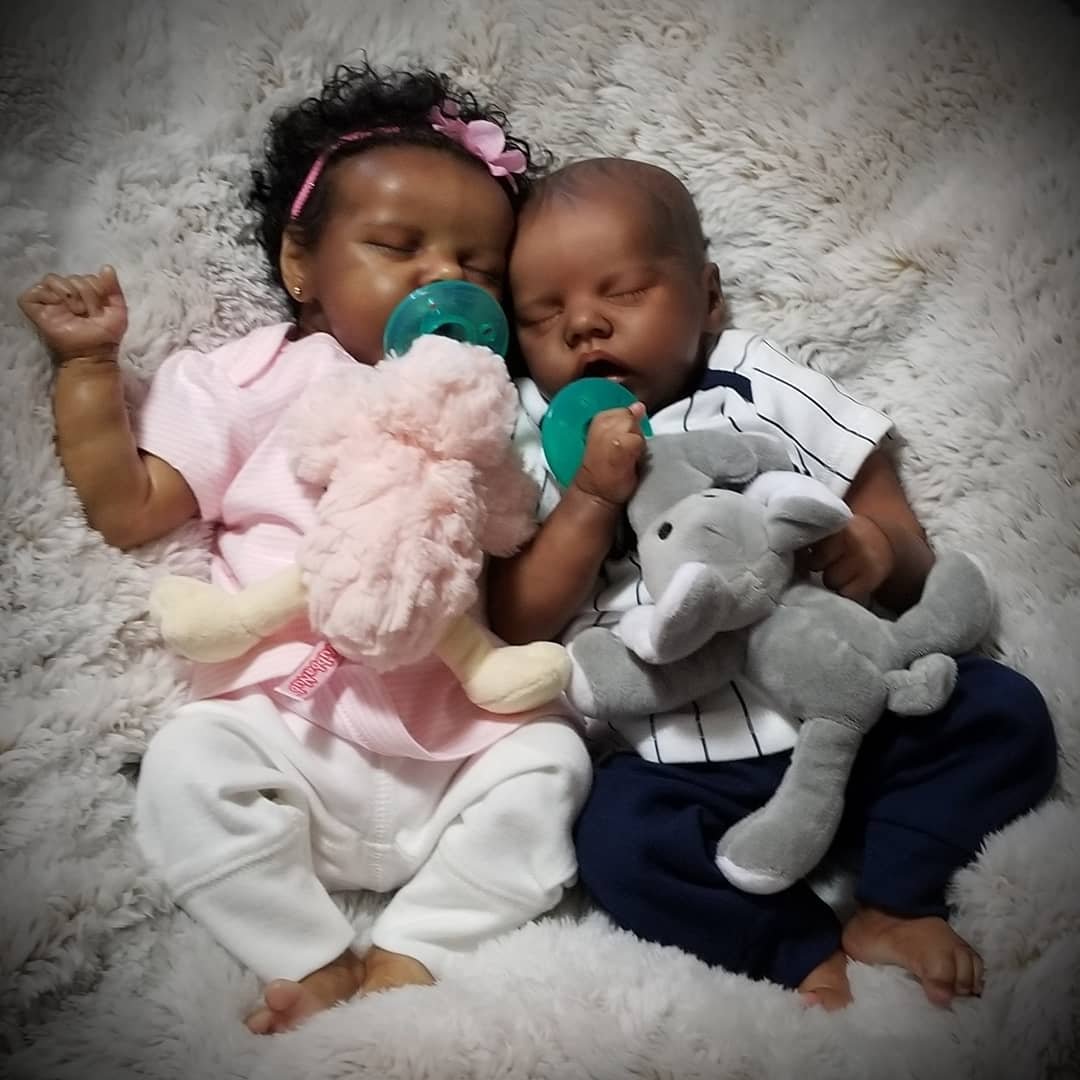African American Reborn Baby Twins Deborah and Delia 17" Real Lifelike Cute Silicone Reborn Black Sleeping Baby Doll Gift Set