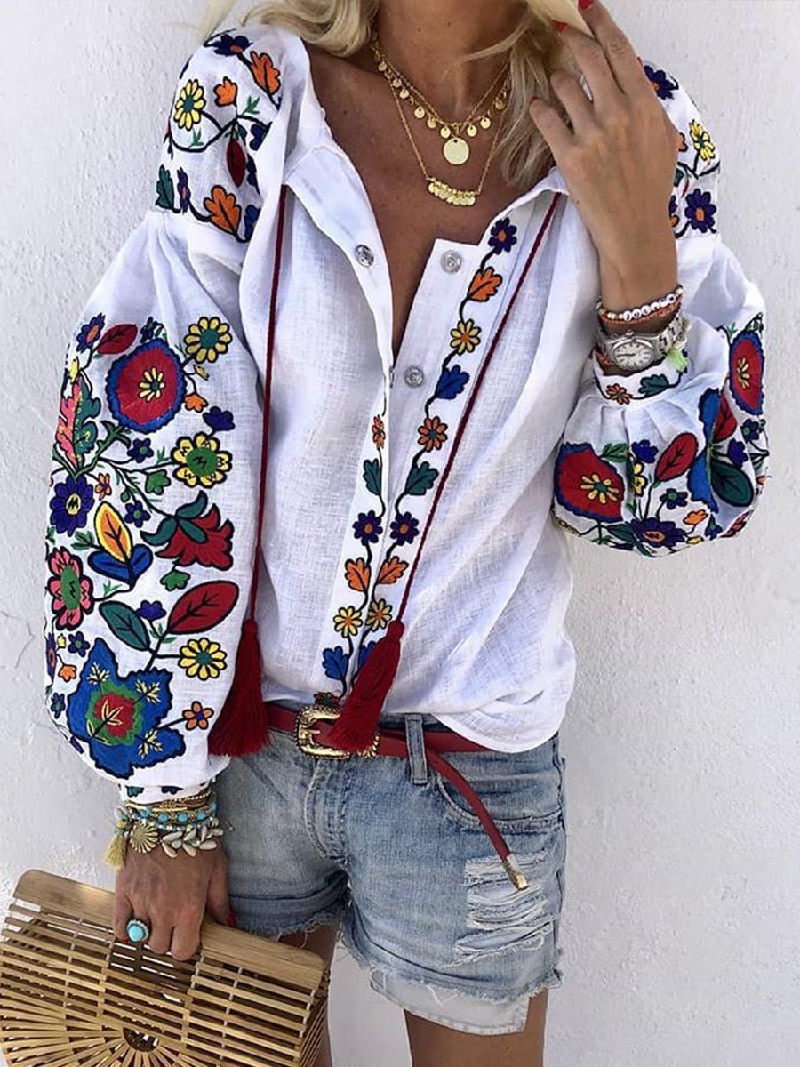 Women's Shirts Floral Embroidery Long Sleeve V Neck Daily Boho Shirt P16424