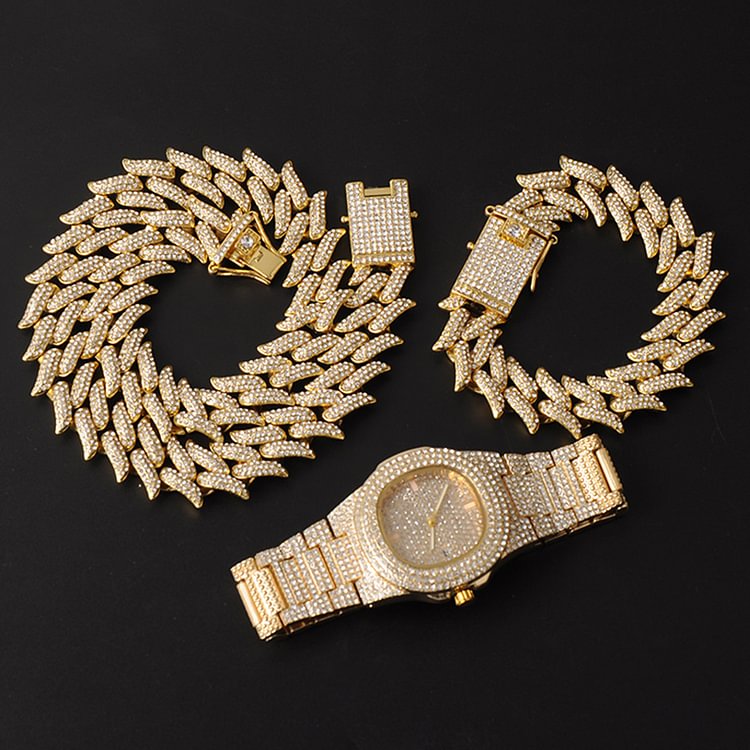 16MM 3pcs Watch+Bracelet+Thorns Cuban Link Chain Necklace Jewelry Set