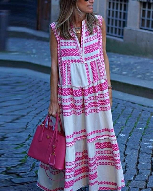Women's Swing Dress Maxi long Dress Sleeveless Geometric Print Spring Summer Boho Blushing Pink S M L XL XXL 3XL-Corachic