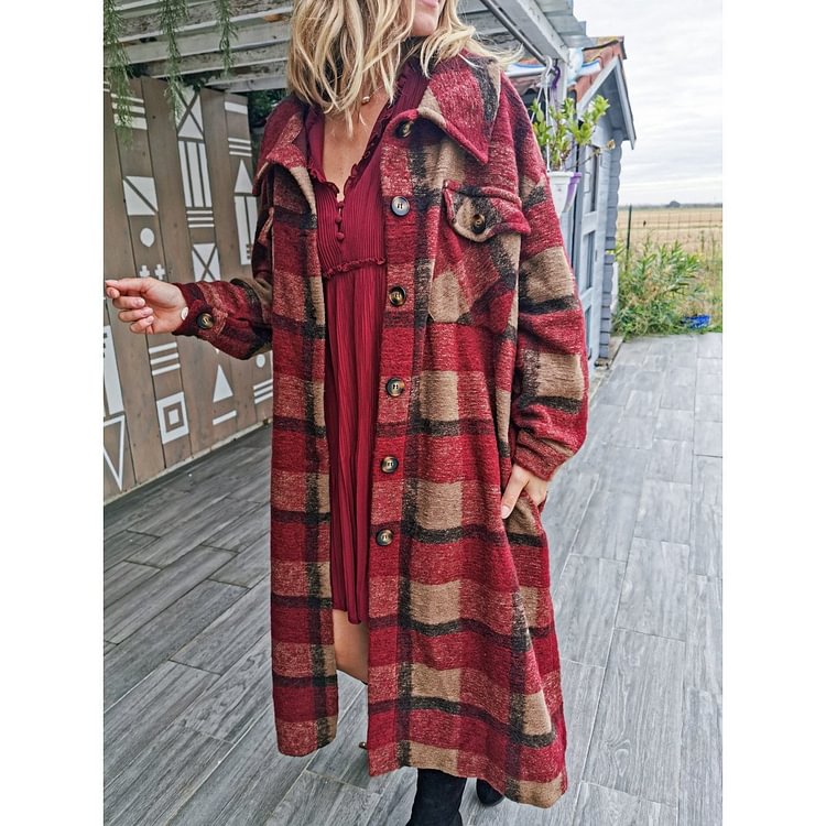 Mayoulove Lapel checked faux woolen loose long coat-Mayoulove