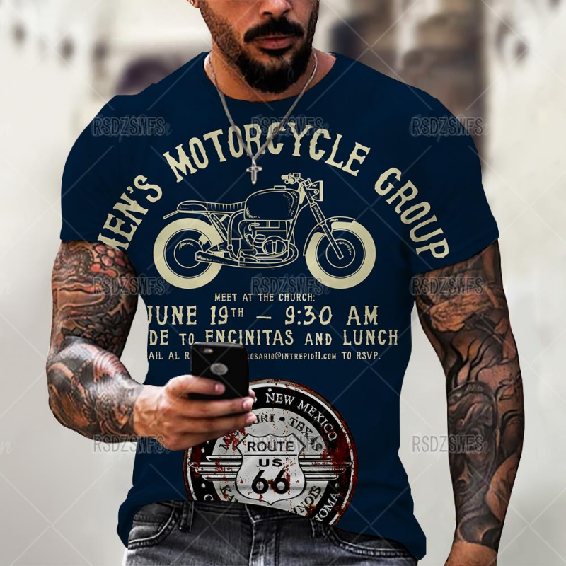 Motorcycle Pattern Street Personality Wild Loose Short-Sleeved Men's T-shirts-VESSFUL