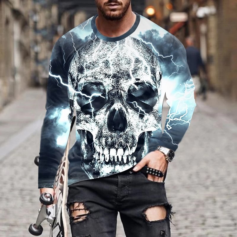 Men's Casual Skull Print Long-Sleeved T-Shirts-VESSFUL