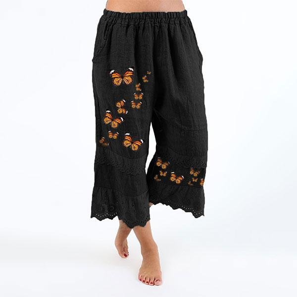 Women's Lace-Trim Butterfly Print Solid Color Crop Pants-Mayoulove