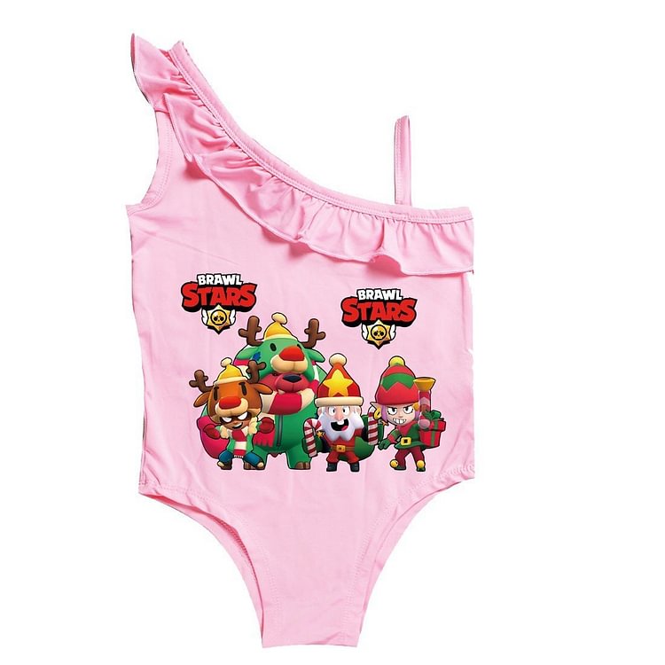 Mayoulove Father Christmas Brawl Stars Print Little Ruffle One Piece Swimsuit-Mayoulove