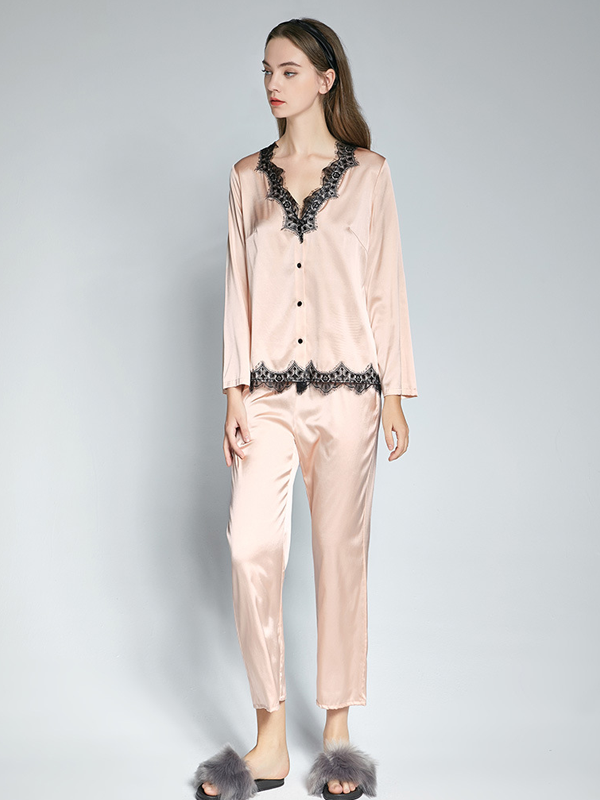 Elegant V Neck Silk Pajamas Set With Black Lace For Women