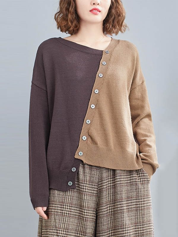 V-Neck Contrast Color Asymmetric Long Sleeve Knitting Sweater
