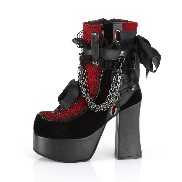 Goth Vintage Chain-trimmed Velvet Lace Paneled Buckle Straps Chunky Heel Boots