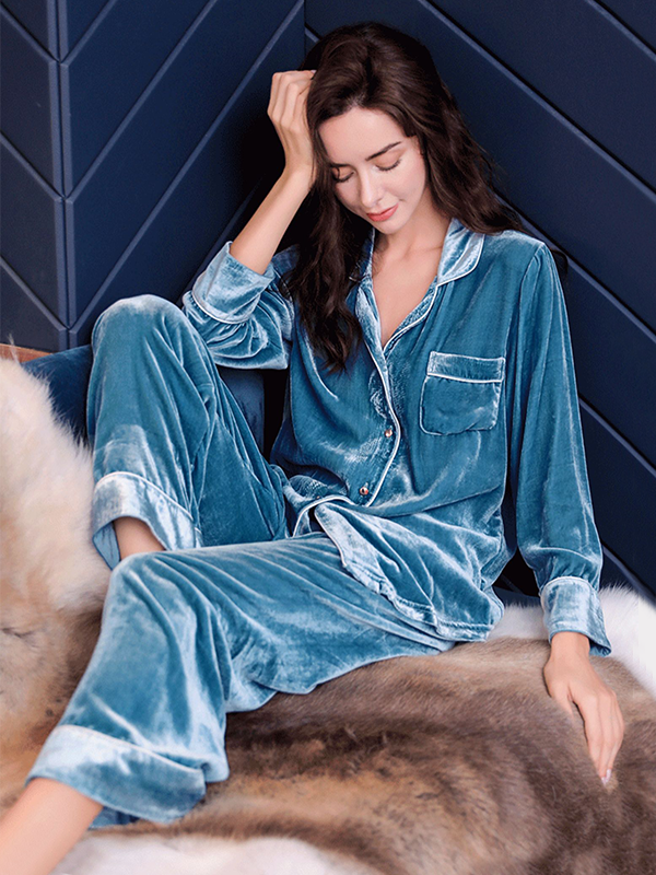 Luxurious Velvet Silk Pajama Set Women's With Pocket Blue