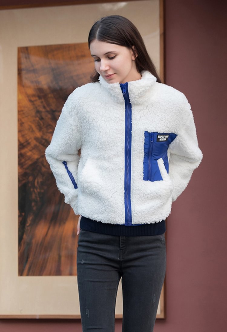 SDEER Letter Contrasting Faux Lamb Wool Loose Jacket