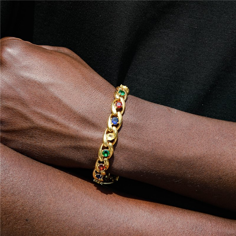 10MM Colorful Stones Cuban Link Iced Out Bracelet Hip Hop Jewelry-VESSFUL