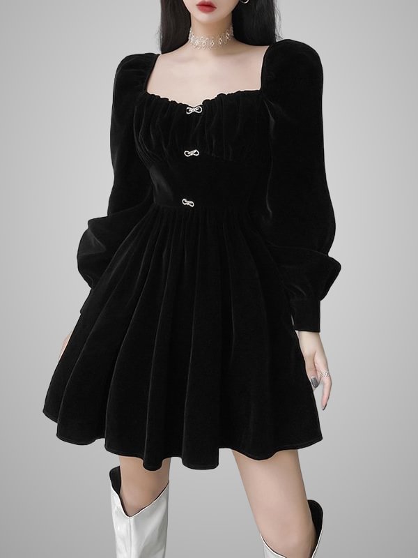 Dark French Style Vintage Velvet Buttoned Long Balloon Sleeve Square Collar Tight Waist A-line Dress