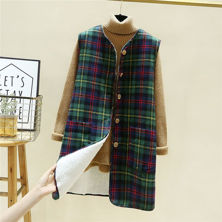 Women's Lamb And Cashmere Waistcoat Thickened Korean Loose Check Vest Long Coat