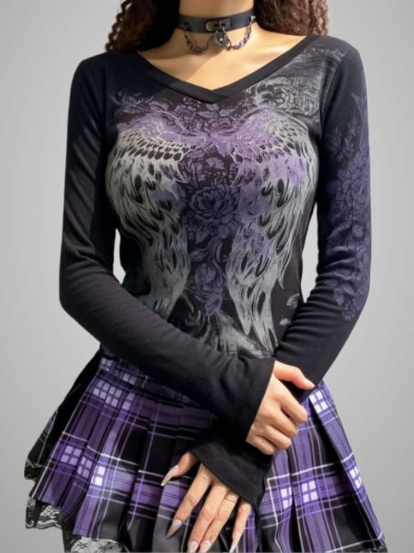Gothic Dark Rose& Wings Printed Color Block Ribbing Scoop Neckline Long Sleeve Pullover Sweatshirt