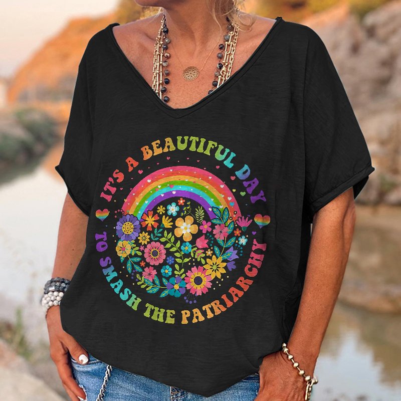 It's A Beautiful Day Printed V-neck T-shirt