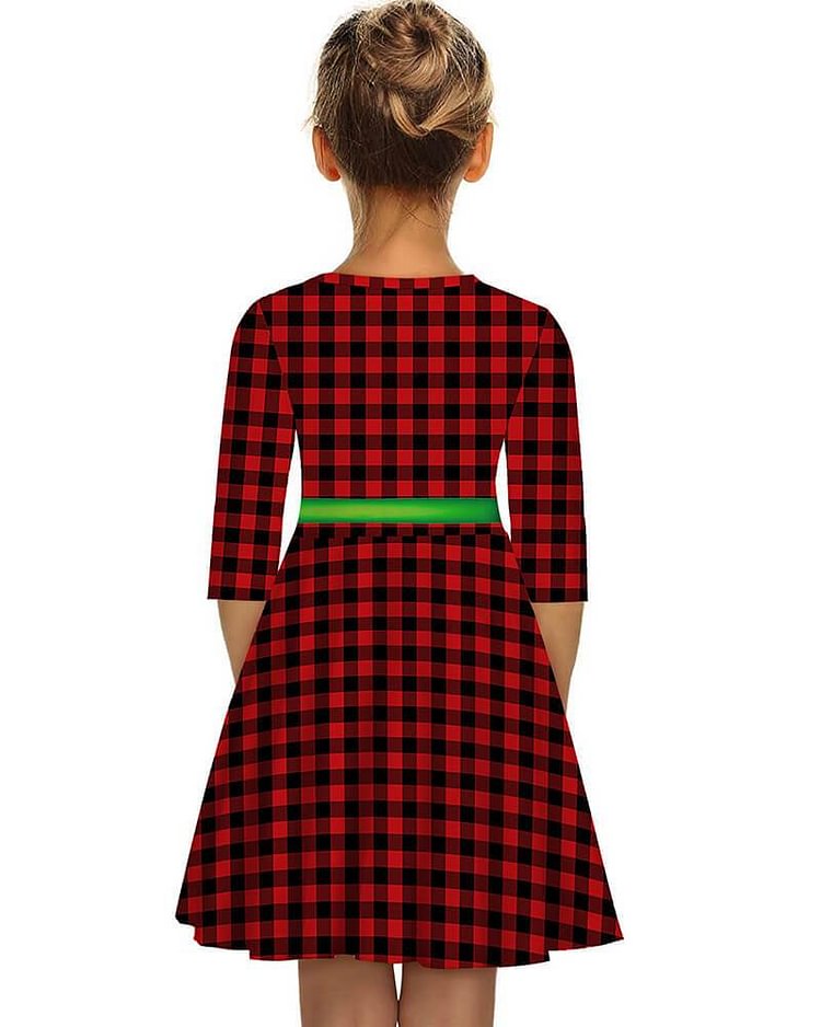 Mayoulove Black Red Grid Check Print Half Sleeve Girls Christmas Skater Dress-Mayoulove