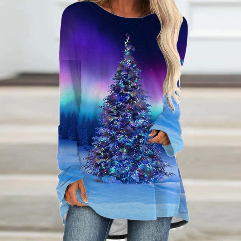 Beautiful Christmas Tree Printed Casual Long-Sleeved T-shirt