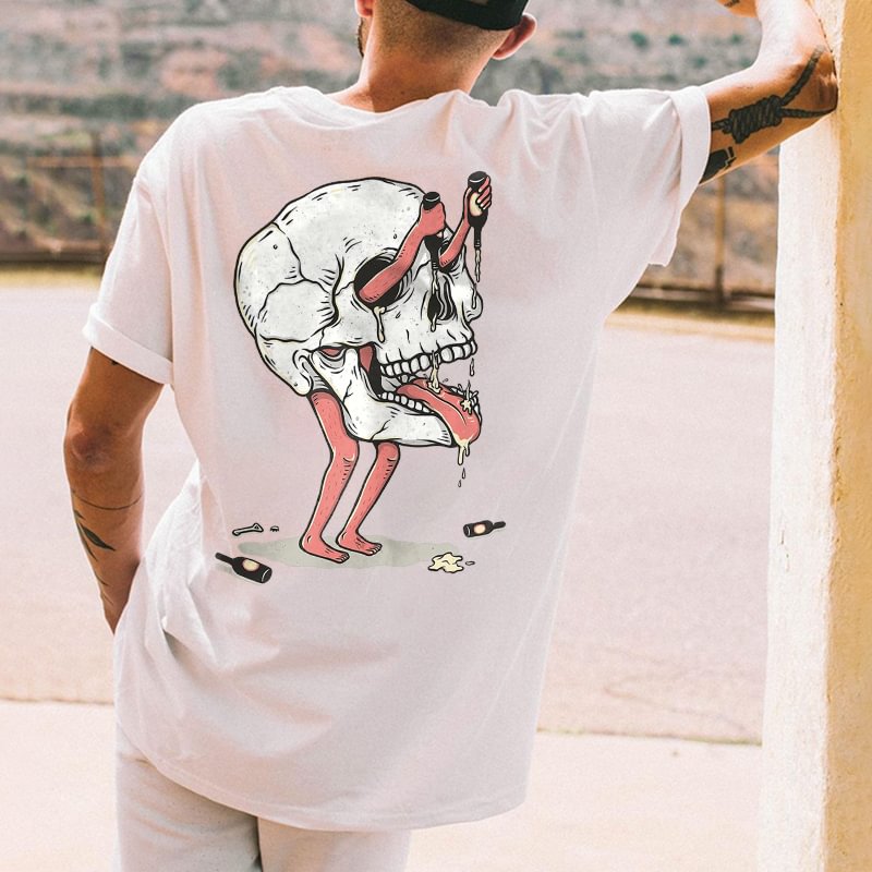 Skull drinking print loose T-shirt designer - Krazyskull