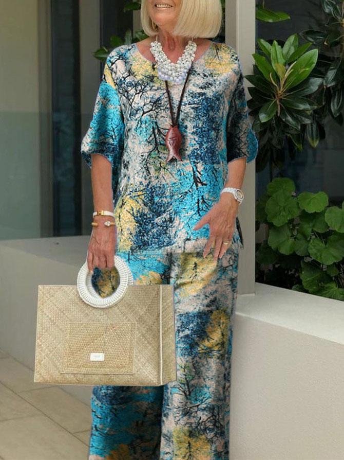 Ethnic Style Printing Short Sleeves Casual Two-piece Suits