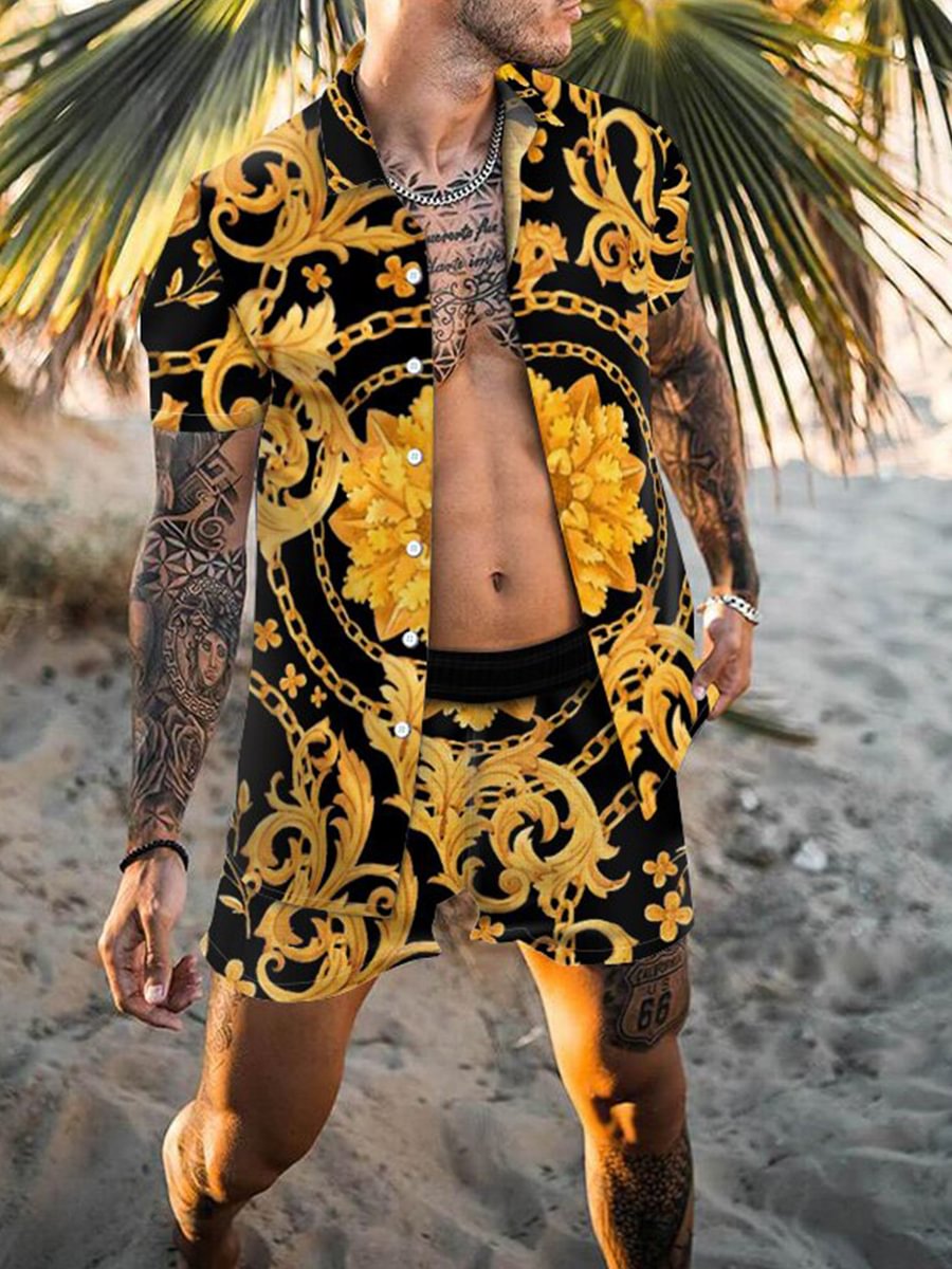 Tiboyz Men's Outfits Bohemian luxury Printed Beach Short Sleeve Two piece Set